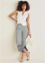Pinstripe Eyelet Crop Pants Black Ecru