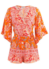 3 4 Sleeve Printed Romper Orange Multi