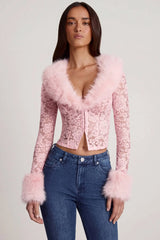 Sheer Lace Faux Fur Trim Cardigan in Pink