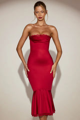 Satin Lace Trim Bandeau Fluted Midaxi Dress in True Red