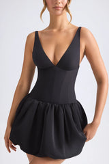 Lace Up Bubble Hem Corset Micro Mini Dress in Black