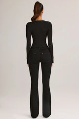 Denim Mid Rise Flared Jeans in Black