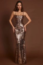 Embellished Straight Neck Maxi Dress in Black Gold Foil