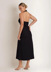 Linen Halter Sleeveless Maxi Dress Jet Black