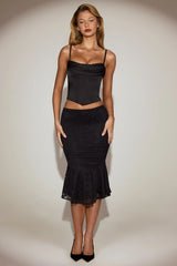 Satin Cowl Neck Lace Up Corset Top in Black