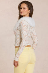 Lace Faux Fur Trim Cardigan in Ivory