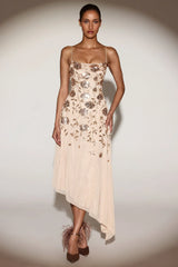 Embellished Soft Scoop Asymmetric Midaxi Dress in Gold