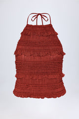 Ruffled High Neck Backless Top in Burnt Red