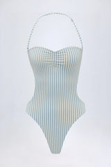 Cut Out Halterneck Swimsuit in Teal Double Stripe