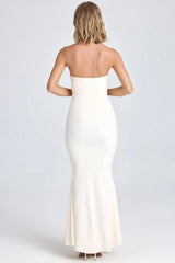 Draped Floral Appliqué Maxi Dress in Ivory