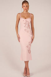 Embellished Peekaboo Fluted Hem Midaxi Dress in Pink