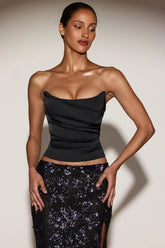 Satin Draped Lace Up Corset Top in Black Purple