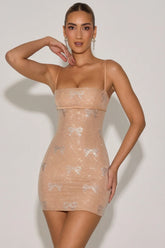 Embellished Bow Detail Mini Dress in Almond