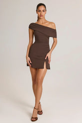 Modal Asymmetric A Line Mini Dress in Chocolate Brown