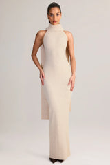 Rib Knit Scarf Detail Halterneck Maxi Dress in Cream