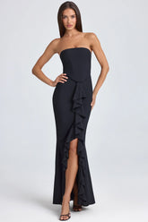 Bandeau Ruffle Trim Corset Gown in Black