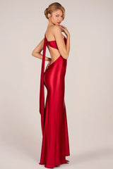 Asymmetric Tie Back Gown in Cherry