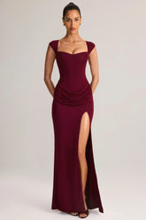 Modal Sweetheart Neck Cowl Waist Maxi Dress in Wine