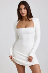 Ribbed Modal Lace Trim Mini Dress in White