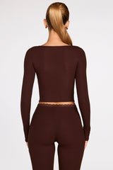 Ribbed Modal Long Sleeve Laced Bra Top in Chocolate Brown