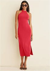 High Neck Midi Dress Red
