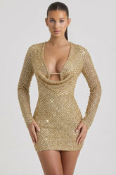 Embellished Cowl Neck Mini Dress in Gold