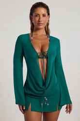 Bead Embellished Cowl Neck Sheer Mini Dress in Jade Green