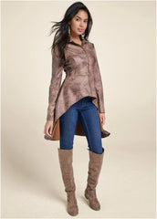 Distressed Faux Suede Scuba Hi Low Jacket Brown Multi