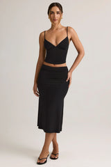 Modal Ruched Mid Rise Midaxi Skirt in Black
