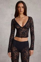 Sheer Lace Plunge Neck Long Sleeve Top in Black