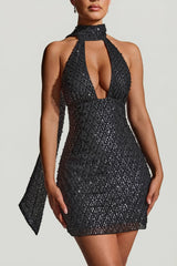 Embellished Scarf Detail Halterneck Mini Dress in Black