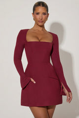 Square Neck Structured Tulip Mini Dress in Wine Red