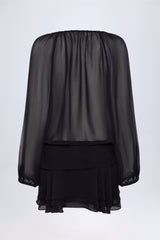 Lace Up Balloon Sleeve Mini Dress in Black