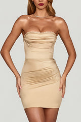 Satin Scalloped Bandeau Ruched Mini Dress in Champagne