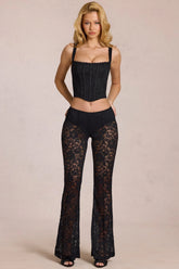 Sheer Lace Mid Rise Flared Trousers in Black