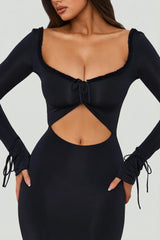 Ruffle Trim Cut Out Maxi Dress in Black
