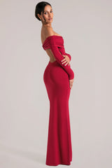 Off Shoulder Long Sleeve Maxi Dress in Cherry Red