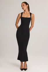 Modal Square Neck Bodycon Midi Dress in Black