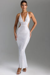 Embellished Cut Out Backless Maxi Dress in White