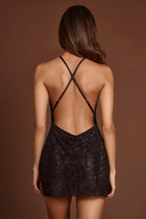 Embellished Halterneck Cowl A line Mini Dress in Black