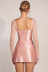 Embellished Long Sleeve Draped Mini Dress in Blush Pink