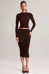 Modal Mid Rise Pencil Midi Skirt in Chocolate Brown