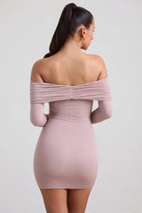 Modal Cashmere Blend Off Shoulder Ruched Mini Dress in Taupe