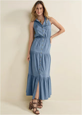 Chambray Tiered Maxi Dress Medium Wash