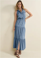 Chambray Tiered Maxi Dress Medium Wash