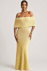 Bouclé Off Shoulder Maxi Dress in Yellow