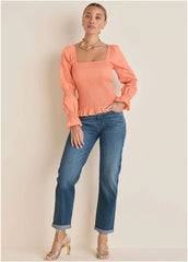 Smocked Ruffle Hem Top Coral