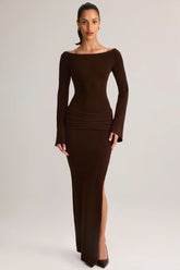 Rib Knit Boat Neck Long Sleeve Maxi Dress in Chocolate Brown