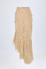 Ruffled Asymmetric Mid Rise Maxi Skirt in Tan Print