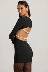 Pearl Detail Cut Out Mini Dress in Black
